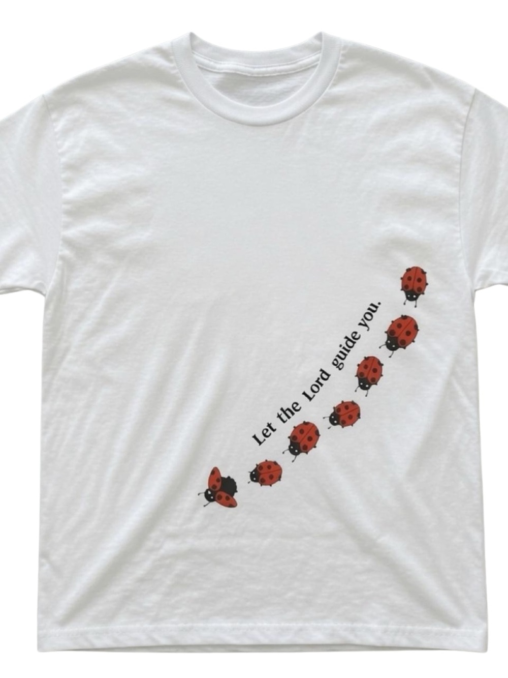 Gildan White Tee with Red Ladybug Trail and Script, Gift For Her, For Him